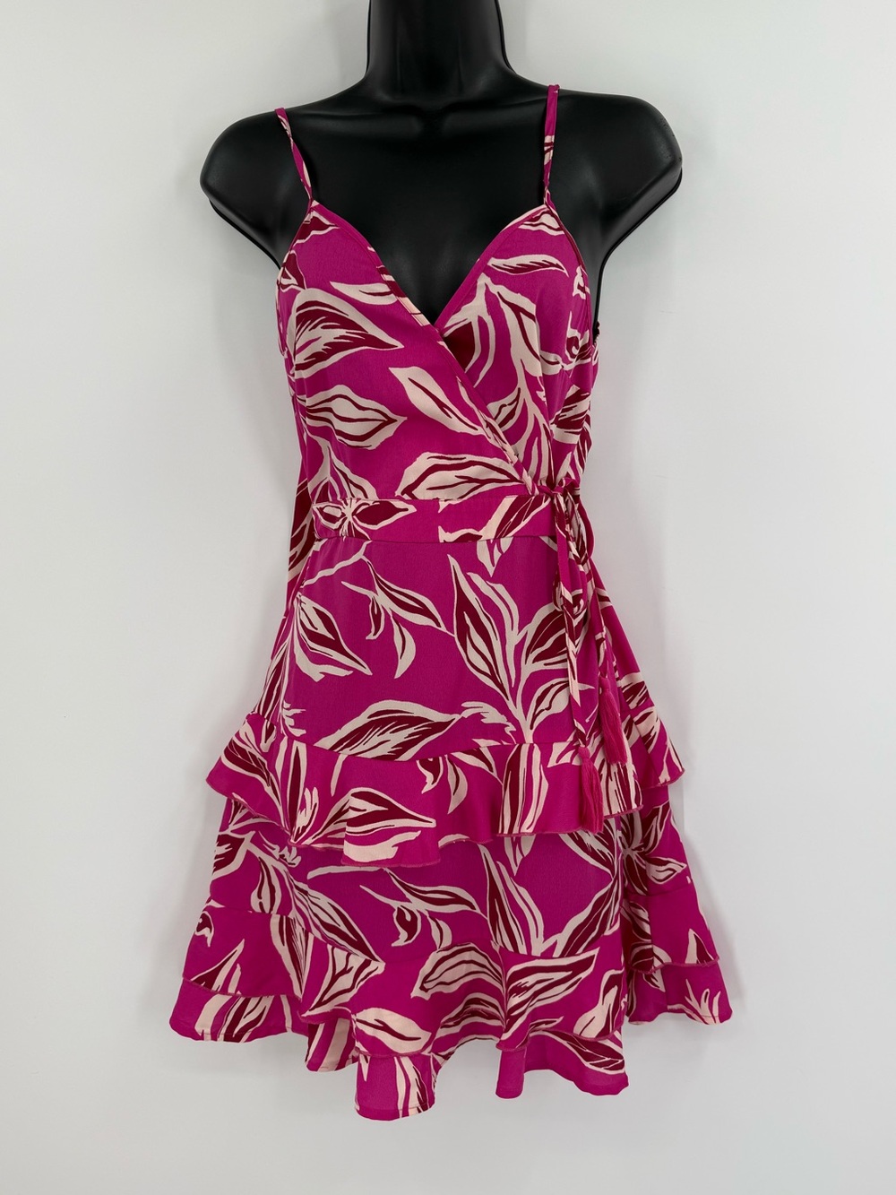 Band of the Free Tiered Ruffle Wrap Mini Dress Tie Back | Fuchsia Cream | Small